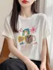 Camiseta de Punto de Bambú de Manga Corta para Mujer, Estilo Nuevo de Verano, Corte Holgado, Cuello Redondo Bajo, Capa Base Reductora de Edad, Top Delgado con Mangas Acampanadas