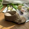 Sandalias de Tira con Borlas Estilo Bohemio Retro de 9 cm de Tacón Blanco para Mujer, Medias Zapatillas de Verano para Exteriores Modelo Nuevo