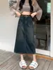 Falda vaquera vintage de bolsillo delantero para mujeres petite, nueva falda lápiz de cintura alta, longitud media, línea A, con abertura