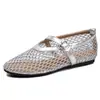 Sandálias com Fivela de Uma Tira, Sapatos de Dança Estilo Ballet Francês para Mulheres, Sapatos Rasos Cheios de Strass, Sapatos Mary Jane Vazados, Sapatos de Rede