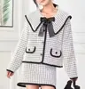 Suéter de Tricô Estilo Chanel para Mulheres, Primavera e Outono, Casaco Elegante de Alta Qualidade, Saia de Cintura Alta, Conjunto de Duas Peças Petite