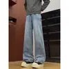 Calça jeans de workwear azul claro com patchwork de perna larga para homens, calça reta solta de perna larga estilo retro americano, que emagrece e realça a altura