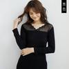 Camiseta de manga larga modal con costuras de encaje estilo coreano de otoño e invierno, cuello en V para mujer, cuello de pétalo, interior ajustado