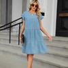 Comercio Exterior Transfronterizo Europeo y Americano Verano Nuevo para Mujer Pulóver Color Sólido Cuello Redondo Falda de Mezclilla Estilo Casual Holgado Vestido de Moda