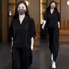 Traje casual y de moda de Tencel para mujer, conjunto elegante de verano talla grande para mamá, conjunto de dos piezas de pantalones harén holgados de media manga