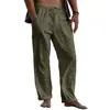 Pantalones Largos de Lino para Hombre Yoga Playa Cintura sin Elástico Cordón Bolsillos Múltiples Casual Transpirables 2022