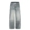Calça Jeans Cinza Névoa com Bolsos Decorados e Bigodes para Homens, Novo Estilo de Inverno, Slim-Fit, Petite, Perna Larga, Comprimento Total, Calça Casual para Mulheres