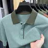 Camisa tipo polo de punto de manga corta de verano transfronteriza para hombre, estilo nuevo con jacquard de color contrastante, botones esmeralda, top cómodo y ligero
