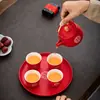 Set de Té Gongfu Rojo Chino para Boda Tazas con Boca Modificada para Ceremonia de Té Bandeja de Té de Cerámica Nuevo Regalo de Boda para Mejor Amigo Souvenir