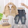 Conjunto de Moda de Manga Larga para Niños Otoño 2025, Nuevo Conjunto Trendy Estilo Urbano de Manga Larga con Bolsillos Dobles de Parche, Conjunto de Tres Piezas de Ropa de Trabajo