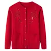 Nuevo Estilo de Primavera y Otoño Cárdigan de Punto Bordado Rojo para Mujeres de Mediana Edad y Mayores, Abrigo Suéter Holgado y Elegante de Manga Larga para Madres