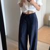 Pantalones Rectos Sueltos de Lino Azul Marino Finos de Verano para Mujer, Versátiles Pantalones Estrechos de Pierna Ancha Adelgazantes para Mujer