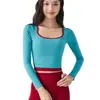 Outono Novo Contraste de Cor Roupas de Yoga para Mulheres com Bojos, Tops de Gola Redonda, Camisetas, Pilates Corrida Esportes Fitness Mangas Compridas