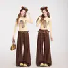Pantalones de Pierna Ancha Versátiles Adelgazantes de Cintura Alta Estilo Retro con Parches Lavados de Mezclilla a Cuadros