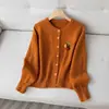 Cardigan de Tricô Decorativo de Abóbora Estéreo de Manga Longa Estilo Coreano Outono e Inverno Novo Casaco Suéter de Gola Redonda Estilo Solto Preguiçoso para Mulheres