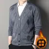 Estilo Nuevo Otoño e Invierno Cardigan de Punto Forrado de Felpa para Hombres de Mediana Edad y Mayores Chaqueta de Punto Cuello en V Tejido Jacquard de Papá para Hombres