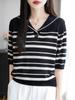 100 Liocel Tencel Azul Marino Cuello Rayado Manga Corta Lassel Reductor de Edad Camiseta de Punto para Mujer Nueva Dulce Fresca