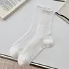 Meias Coreanas com Borda Franzida para Mulheres, Estilo Verão em Malha Fina, Algodão Penteado, Cor Sólida, Meias Largas Estilo Ins, Meias Respiráveis de Cano Médio