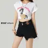 Shorts Jeans Rasgado A-Line Preto para Mulheres, Tamanho Petite, Estilo Verão Fino, Cintura Alta, Fechamento Duplo com Botão, Barra Desfiada, Hot Pants de Perna Larga