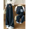 Jeans Reto Patchwork Xadrez Retro Americano Feminino Outono Novo Tamanho Grande Design Moderno Calça de Perna Larga Solta Emagrecedora