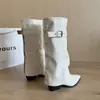 Botas largas plisadas retro para mujer, punta fina, tacón grueso, botas de vaquero western con hebilla de cinturón, botas de montar altas hasta la rodilla adelgazantes