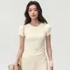 Top de Malha Fitness Peça Única Alta Elasticidade Justo para Mulheres Sem Costura Gola Redonda Camiseta de Yoga Pilates Indoor Emagrecedor Manga Curta