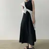 2026 Nuevo Vestido Casual Largo sin Mangas de Algodón y Lino Estilo Coreano Cuello Redondo Holgado Color Sólido Estilo Relajado