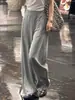 Pantalones casuales grises de pierna ancha con textura de aire para mujer, de cintura alta para verano, adelgazantes, ligeros, pantalones deportivos frescos de seda de hielo
