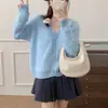 Casaco Suéter de Cashmere Imitação de Visão Industrial Estilo Coreano Feminino Outono e Inverno Novo Cardigan de Tricô Macio e Sedoso Sensível à Temperatura de Alta Qualidade