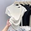 Camiseta Feminina de Verão com Decote Redondo Vazado, Fita, Manga Curta, Modelagem Slim, Top da Moda, Branca, Camiseta Básica