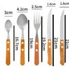 Conjunto de talheres de cinco peças com cabo de aço inoxidável, incluindo faca, garfo e colher. Ideal para restaurantes e hotéis. Novo design criativo com cabo de madeira.