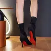 Botas Elásticas de Salto Fino, Botas Curtas, Moda Francesa Preto com Solado Vermelho Bico Fino Salto Alto Novas Botas Slim, Versátil Outono e Inverno