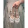 Zapatos Mary Jane Blancos Retro Franceses de Tacón Grueso Zapatos para Dama de Honor Dulces Zapatos Poco Profundos de Perlas Tacones Altos de Una Sola Tira para Mujer