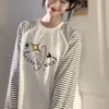 Camiseta de Manga Larga con Cuello Redondo y Rayas de Empalme de Colores Contrastantes Creativa 2025 Nuevo Estilo Ins Casual Holgada Versátil Moda Top