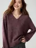 Suéter de cashmere com fio floral espesso para outono e inverno com design de ombro raglã, tricô pulôver feminino com decote V, estilo solto e casual