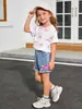 Conjunto de Verão Europeu e Americano 2 Peças Shorts Jeans Estampa Fofa Camiseta Manga Curta Shorts Laço