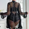 Lencería Sexy de Encaje de Color Sólido para Mujer Transfronteriza, Bata Sencilla para Dormir Diariamente, Conjunto de Tres Piezas, Más Vendido en Comercio Exterior
