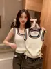 Colete de tricô com design color-blocking retrô para mulheres, novo estilo primavera-verão 2026, modelagem justa, peça versátil para usar por cima