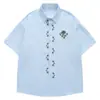 Camisa Retro Floral Bordada Japonesa Vintage para Homens e Mulheres, Camisa Casual de Manga Curta de Gaufre para o Verão, Estilo College
