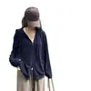 Moletom com Capuz de Manga Curta Cor Sólida para Primavera e Outono, Estilo Coreano e Japonês, Caimento Solto, Ombros Caídos, Cardigan com Zíper, Macio e Amigo da Pele, Casual, Em Estoque