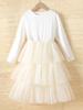 Vestido de Princesa de Múltiples Capas con Cuello Redondo y Mangas Largas de Malla Empalmada, Estilo Nuevo de Primavera y Otoño Personalizado Transfronterizo para Niñas