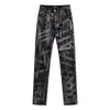 Jeans Masculino Americano High Street Lavagem Salpicada Slim Straight Tendência Calça Longa Elástica Calça Casual Retrô Desgastada Tendência