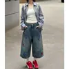 Pantalones Vaqueros Cortos Bordados Estilo Retro Divertido Americano para Mujer, Verano Vintage Lavados Sueltos Rectos Casuales Versátiles