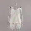 Nuevo conjunto de dos piezas de satén con encaje de empalme, camisola y shorts, estilo europeo y americano, pijamas y ropa de estar para mujer de seda helada fina