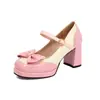 Elegantes Zapatos Mary Jane con Ribete de Encaje y Moño Bloqueado por Color, Boca Baja, Tacones Gruesos Altos, Tallas 32-48, Zapatos de Exportación
