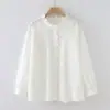 Cardigan de manga longa feminino em jacquard fresco bordado estilo japonês com acabamento de renda ondulada na carcela e gola alta