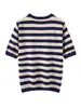 Camiseta básica bordada de corte justo com listras em cores contrastantes, blusa de malha de manga curta para o dia a dia, respirável, tamanho pequeno para meninas, casual, fornecimento transfronteiriço