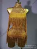 Macacão de Rede com Gola Halter de Manga Longa com Franjas de Strass para Performance de Cantora em Palco de Boate - Venda Quente Transfronteiriça Europeia e Americana