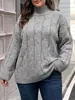 Ropa europea y americana transfronteriza para mujer de talla grande, nuevo suéter de punto trenzado suelto de otoño e invierno con cuello medio alto y mangas acampanadas