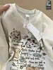 Camiseta Blanca y Gris de Manga Corta, Dulce, de Moda, Versátil, Adelgazante, de Corte Holgado, Estilo Harajuku Casual Perezoso de Verano, Top de Cuello Redondo